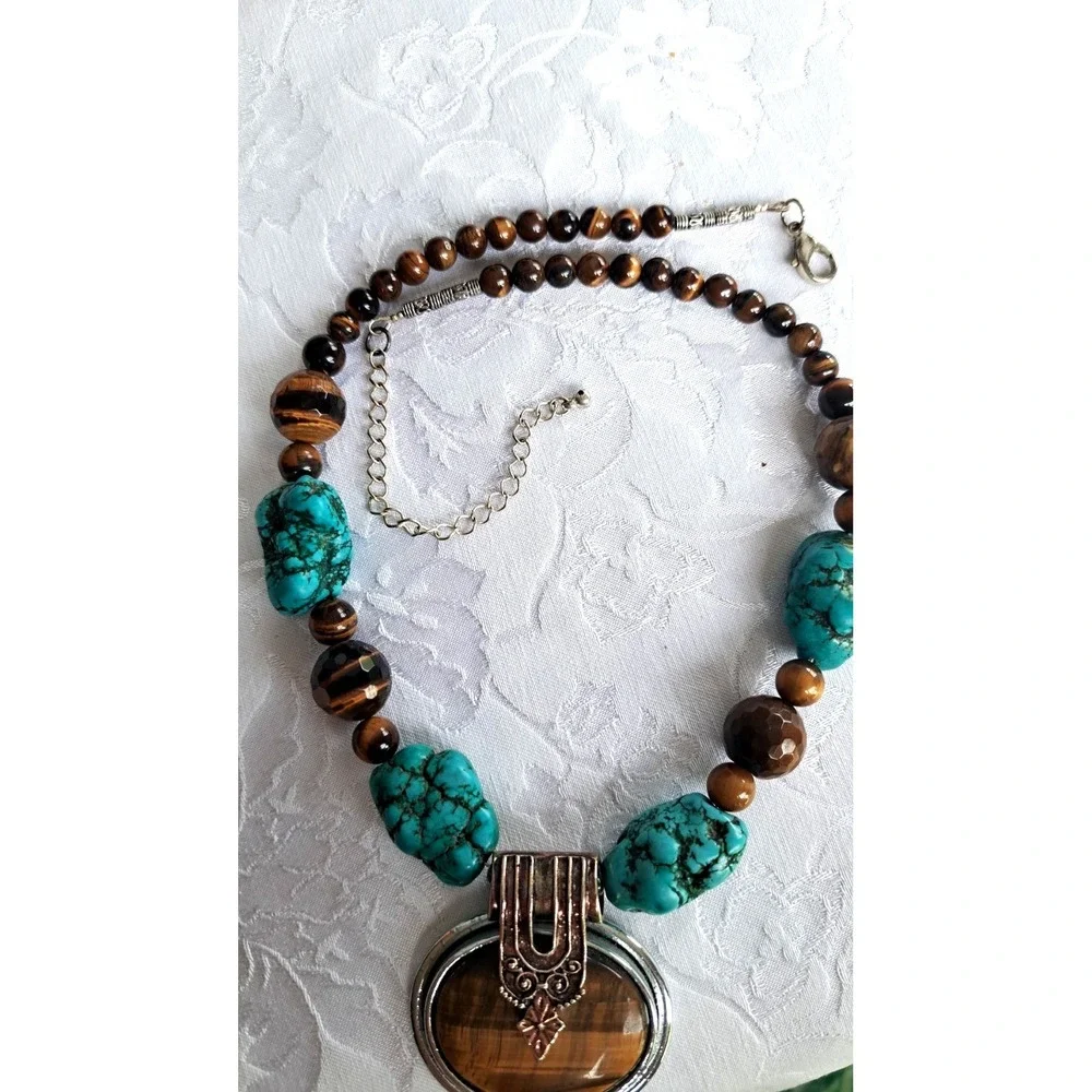 Turquoise Tigers Eye Beaded Necklace Pendant and Stretch Bracelet Jewelry Set